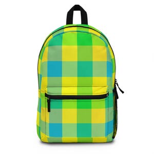 Checkered Backpack, Yellow Green Blue Plaid Bag, School Book Bag, Travel Backpack, Stylish Rucksack, Gift for Students