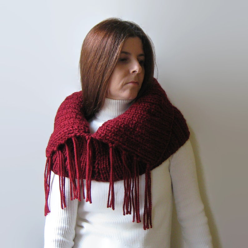 Burgundy Cowl with Fringes, Hand Knitted Soft Wool Blend, Chunky Knit Snood image 2