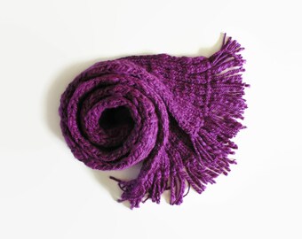 Winter Scarf Hand Knitted Phlox Purple with Chunky Blend Wool, Long Ribbed with Fringes - Cuddly Gift for Cold Weather