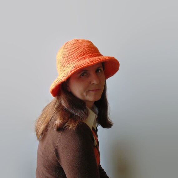 Hand Knitted Bucket Hat in Neon Orange 