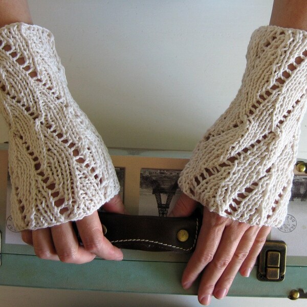 Lace Arm Warmers Knitted in White Cotton