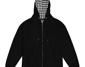 Black Zip Hoodie Unisex, Gingham Lined Fleece Comfort, Stylish Streetwear, Eco-Friendly Gift