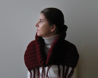 Burgundy Cowl with Fringes, Hand Knitted Soft Wool Blend, Chunky Knit Snood