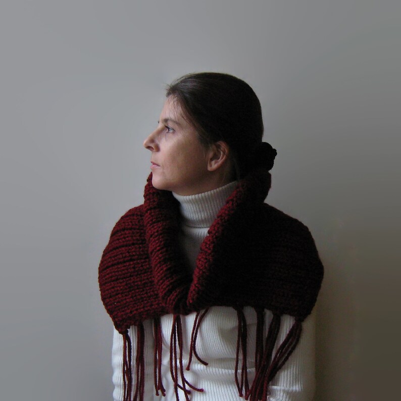 Burgundy Cowl with Fringes, Hand Knitted Soft Wool Blend, Chunky Knit Snood image 1