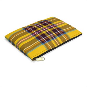 Yellow Tartan Accessory Pouch: Plaid Zipper Cosmetic Bag