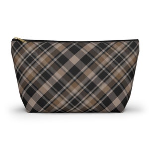 Tartan Accessory Pouch - Brown Beige T-Bottom Design, Versatile Pencil or Makeup Bag, Perfect Organizer Gift