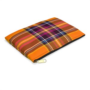 Tartan Orange Accessory Pouch: Plaid Zipper Travel Organizer