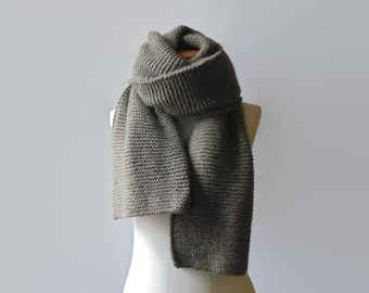Blanket Scarf, in Khaki Soft Wool Blend, Hand Knitted, Long Wrap Shawl