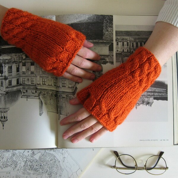 Fingerless Gloves Knitted in Orange Merino Blend Wool