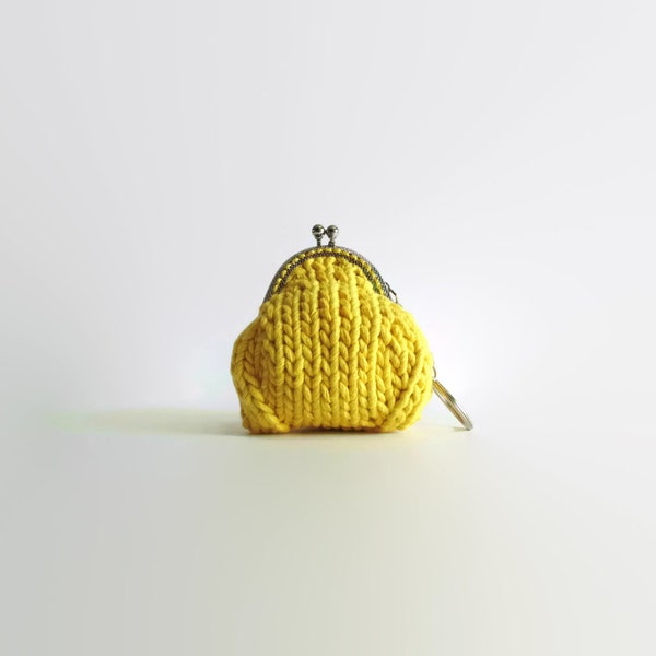 Lemon Yellow Cotton Coin Pouch, Coin Purse Keychain, Change, Money Holder, Stocking Stuffer, Gifts for Her Under 20, Hand Knitted Coin Purse