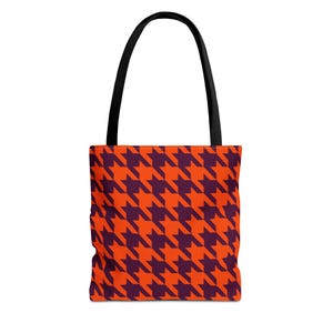 Houndstooth Orange Aubergine Tote Bag, Plaid Shopping Bag, Checkered Market Tote, Picnic Carry-On, Reusable Grocery Handbag