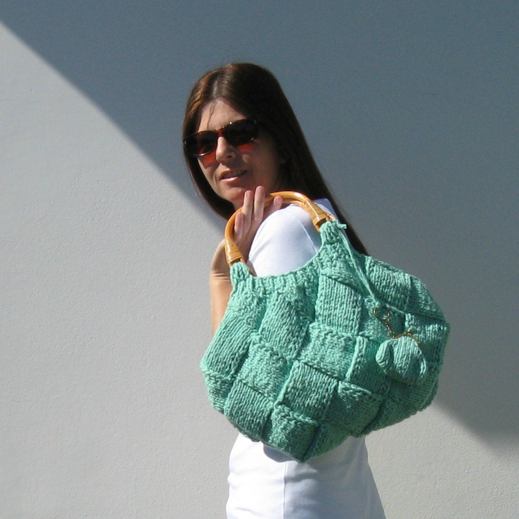Mint Green Bag Knitted in Cotton with Rattan Handles Etsy