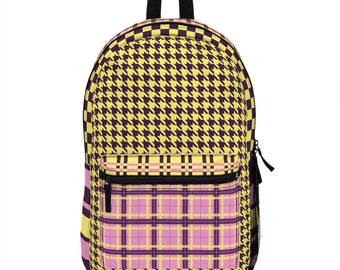 Lebendiger Rucksack, Rucksack mit mehreren Texturen, gesponnenes Polyester in Lila, Rosa, Gelb – langlebig für den täglichen Gebrauch – künstlerisches College-Geschenk