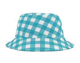 Iris Blue Gingham Bucket Hat - Fisherman Style Polyester Hat for Stylish Sun Protection - Unisex Summer Accessory