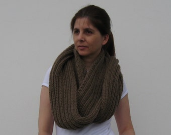 Loop Scarf Hand Knitted in Coffee Brown Soft Wool Blend, Cowl Neckwarmer