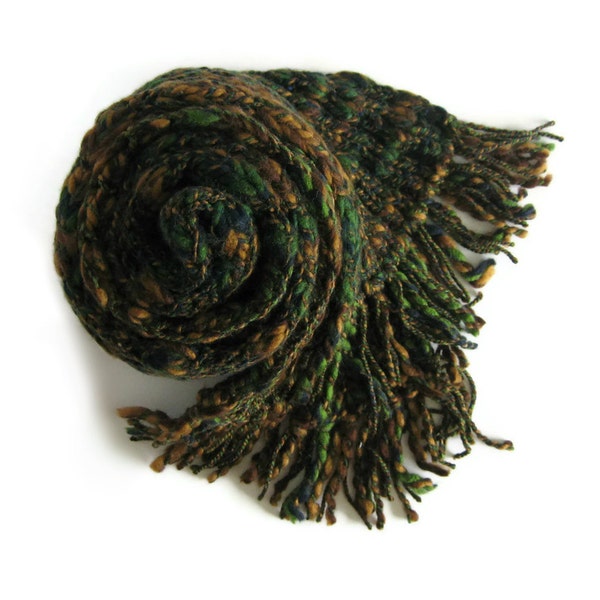Chunky Scarf Knitted in Tweed Brown, Blue, Green and Amber Acrylic Wool Blend Yarn