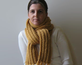 Long Scarf Hand Knitted in Ochre Soft Wool, Ribbed Scarf with Fringes, Winter Wrap