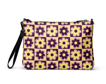 Chic Purple & Yellow Pop Flowers Crossbody Bag, Adjustable Faux Leather Bag for Everyday Use, Stylish Gift for Her