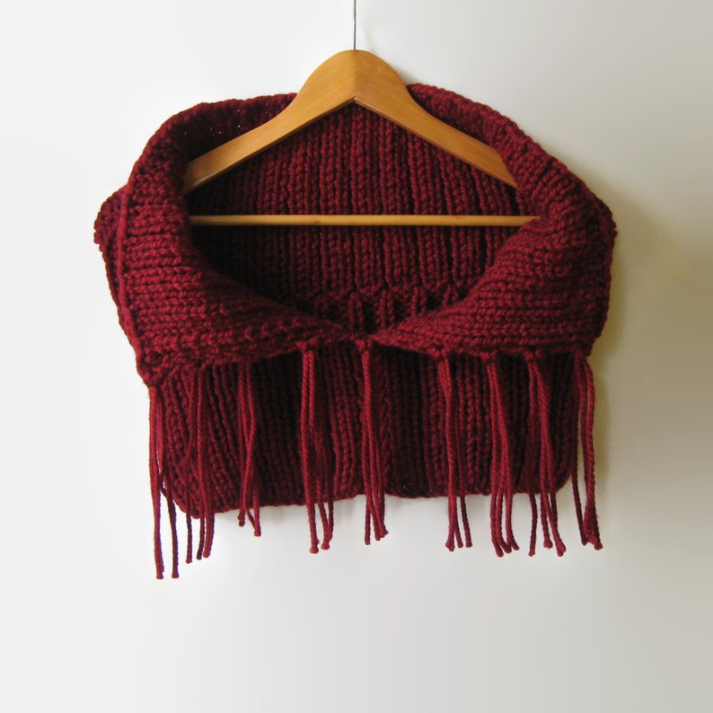 Burgundy Cowl with Fringes, Hand Knitted Soft Wool Blend, Chunky Knit Snood image 7