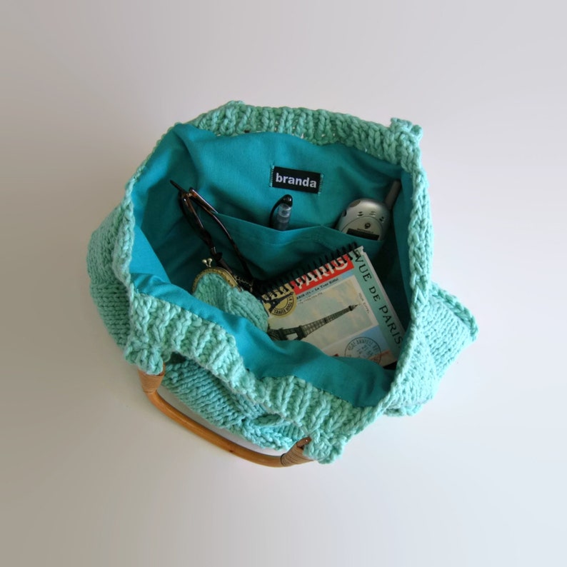 Mint Green Bag Knitted in Cotton with Rattan Handles Etsy