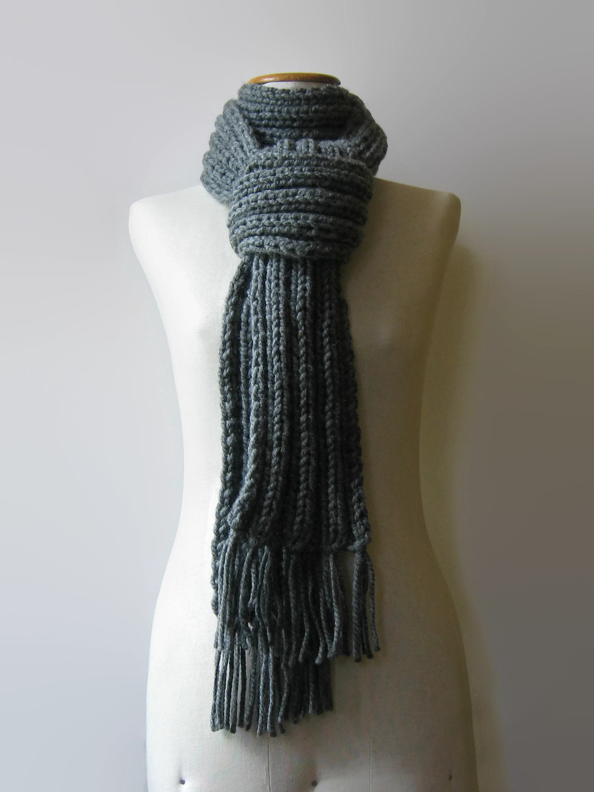 Narrow Scarf Hand Knitted in Gray Wool Etsy