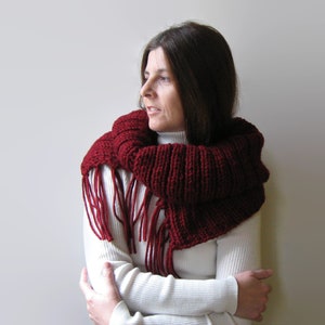 Burgundy Cowl with Fringes, Hand Knitted Soft Wool Blend, Chunky Knit Snood image 8