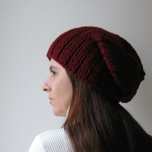 Slouchy Hat Knit in Oxblood Red Acrylic Wool Blend Yarn