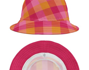 Bucket Hat Pink Orange Check Polyester, Made in USA, Women's Fashion Accessory, Sun Protection, Travel Hat