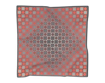 Op Art Dots in Check Scarf - Red and Gray, Poly Voile/Chiffon Square Scarf for Fashion Accessory or Unique Gift