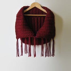 Burgundy Cowl with Fringes, Hand Knitted Soft Wool Blend, Chunky Knit Snood image 5
