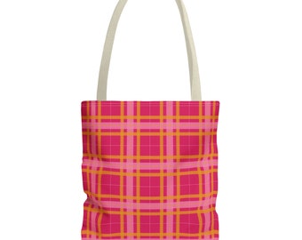 Magenta Check Tote Bag - Durable Polyester Everyday Carryall - Stylish Accessory for Her