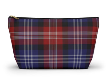 Versatile Red Blue Tartan T-bottom Pouch - Durable Polyester Accessory Case for Travel & Organization, Unique Gift Idea