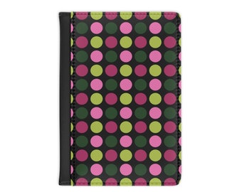 Trendy Polka Dot Passport Holder, Black with Pink & Green, Travel Essential, Thoughtful Bon Voyage Gift