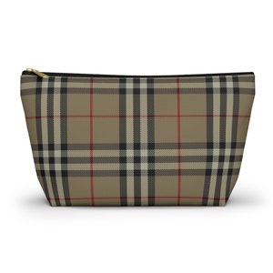 Beige Plaid T-Bottom Pouch, Durable Polyester Accessory Case, Versatile for Makeup & Stationery, Chic Organizational Gift