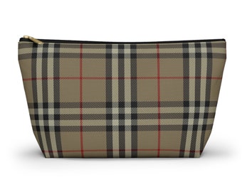 Beige Plaid T-Bottom Pouch, Durable Polyester Accessory Case, Versatile for Makeup & Stationery, Chic Organizational Gift