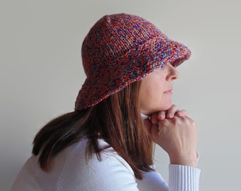 Stylish Bucket Hat Hand Knitted with Marbled Orange, Purple, and Blue Soft Blend Wool