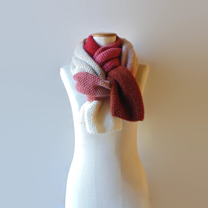 Hand Knitted Blanket Scarf in Merino Soft Blend from Red to Cream, Shawl Wrap image 8