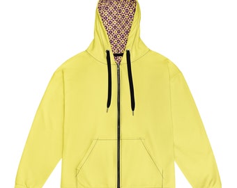 Unisex Yellow Zip Hoodie, Purple Floral Detail, Eco-Friendly Casual Wear, Perfect Gift for All