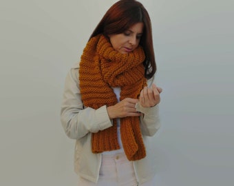 Scarf Hand Knitted in Amber Yellow Wool, Sweater Scarf, Winter Wrap Shawl