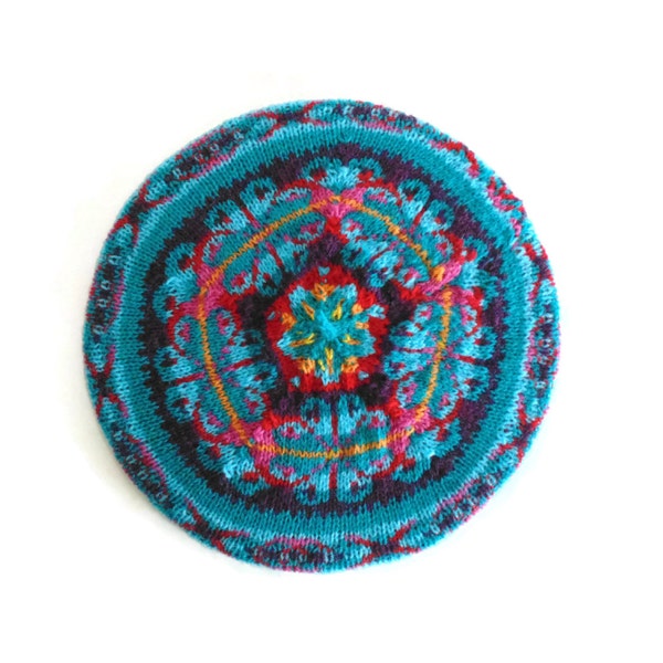 Fair Isle Tam Knitted in Turquoise, Sky Blue, Red and Purple - Beret