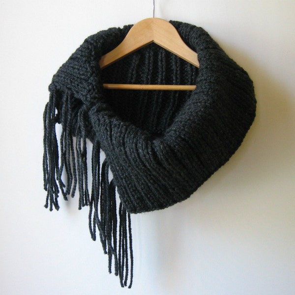 Chunky Fringes Cowl Hand Knitted in Charcoal Wool