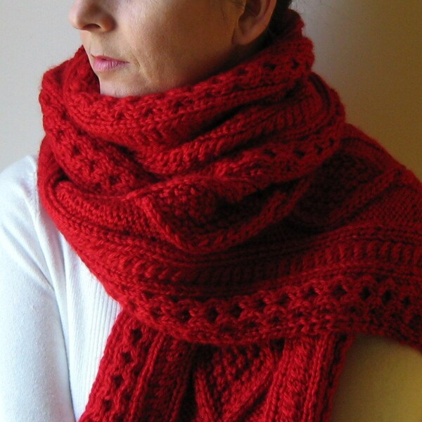 Aran Scarf Knitted in Red Merino Blend Wool