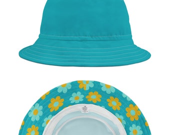 Deep Turquoise Bucket Hat, Flowers Fabric Inside - Vibrant Pop Floral Design for Spring
