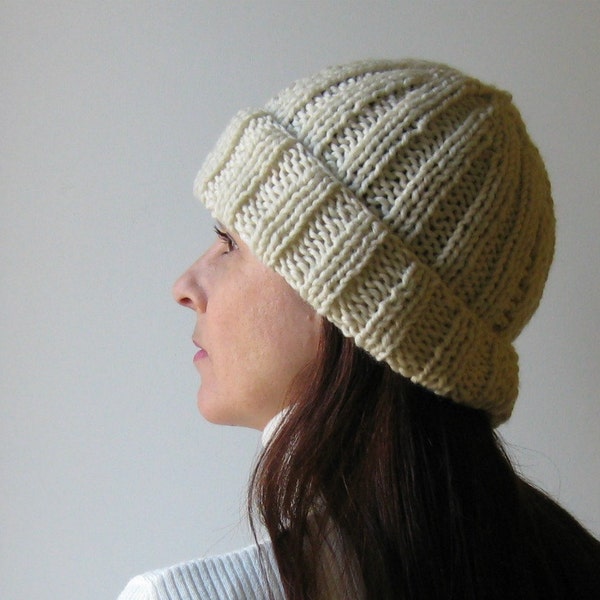 Beanie Hat Knitted in Ivory White Merino Wool