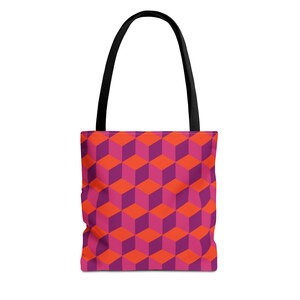 Colorful Geometric Cubes Tote Bag, Black Handles, Available in 3 Sizes - Orange Pink Fuchsia Design, Beach Bag, Shopping Tote, Reusable
