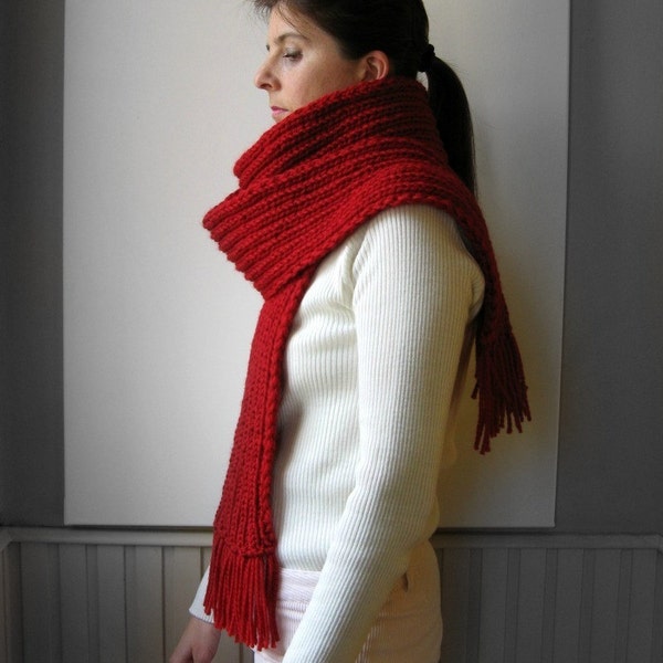 Scarf Knitted in Red Merino Wool