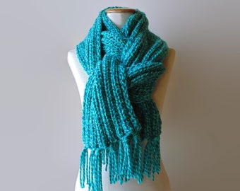 Long Ribbed Scarf with Fringes, Chunky Knit Scarf in Marbled Green and Blue Soft Wool Blend