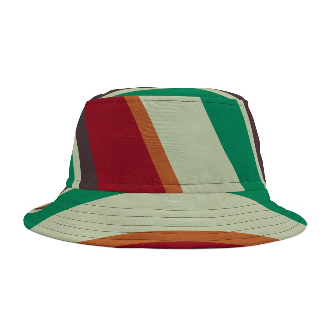 Colorblock Bucket Hat, Green Red Ivory Stripes: Polyester Fisherman ...