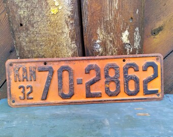 1932 Kansas License Plate 70-2862 Orange and Black 14.5 Inches Wide