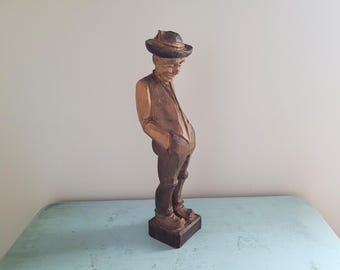 Vintage Hand-Carved Wood Folk Art Old Man Sculpture Figure